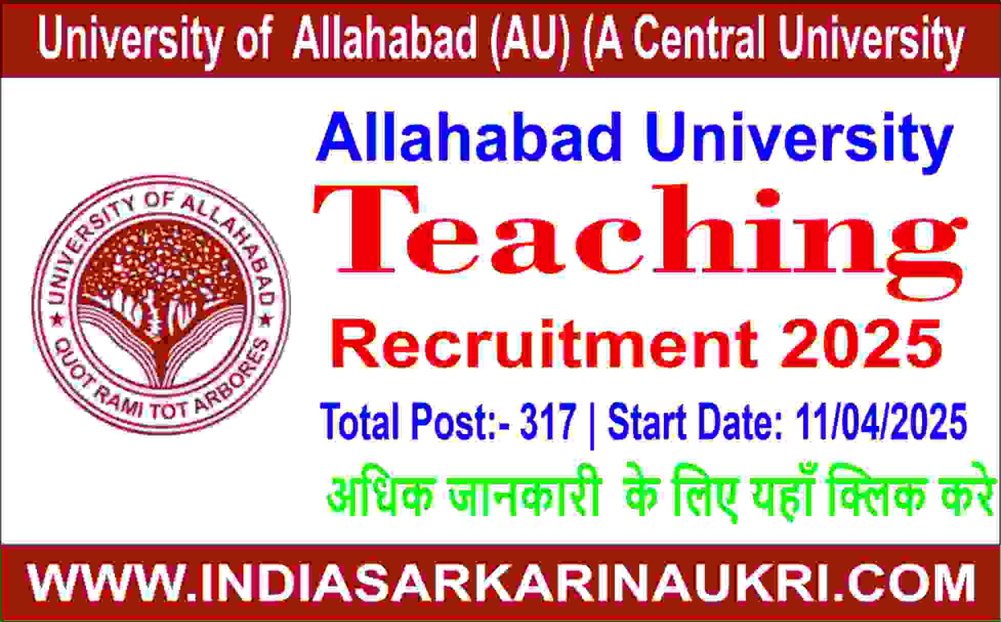 Allahabad University Recruitment 2025: Apply Online for 317 Teaching Posts (Professor, Associate & Assistant Professor)